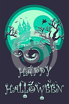 Halloween night background, pumpkins and dark castle.Halloween green poster.