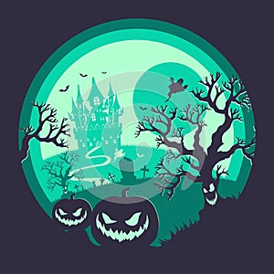 Halloween night background, pumpkins and dark castle. Halloween poster green.