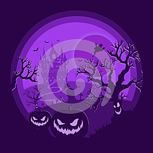 Halloween night background, pumpkins and dark castle.Halloween poster purple.