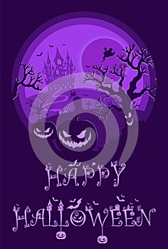 Halloween night background, pumpkins and dark castle. vector illustration.Halloween purple poster.