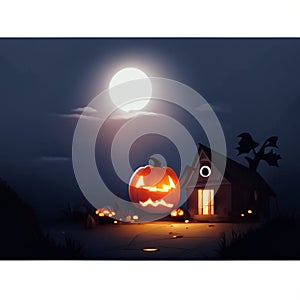 Halloween night background with pumpkins in front of house and moon generative AI