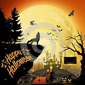 Halloween night background with roaring wolf