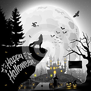 Halloween night background with roaring wolves