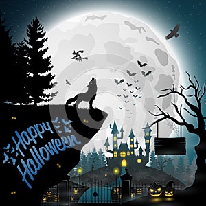 Halloween night background with roaring wolves