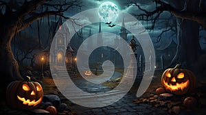 Halloween night background with scary moon and bat and pumpkin halloween party concept