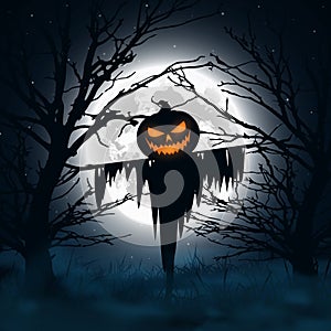 Halloween night background. Scary scarecrow. Vector illustration