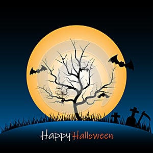 Halloween night background with tree carcass and full moon - vector illustration