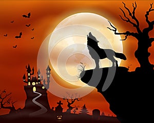 Halloween night background with wolf howling, castle and full moon