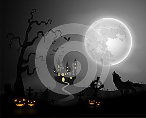 Halloween night background with wolf howling, pumpkins, castle and full moon