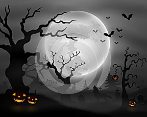 Halloween night background with wolf howling, pumpkins and full moon