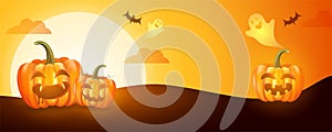 Halloween night banner, vetor illustration of funny horrable pumpkins and little ghost with horrable moon night background. photo