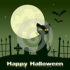 Halloween Night - Black Cat in a Graveyard