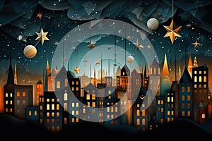 Halloween night city background with moon and stars. Vector illustration. Generative AI