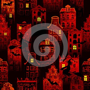 Halloween night city grunge red seamless pattern with european old houses, silhouettes of witches flying and bats