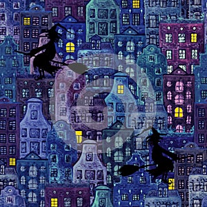 Halloween night city grunge seamless pattern with european old houses and silhouettes of flying witch