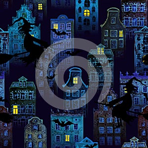 Halloween night city grunge seamless pattern with european old houses, silhouettes of witches flying and bats