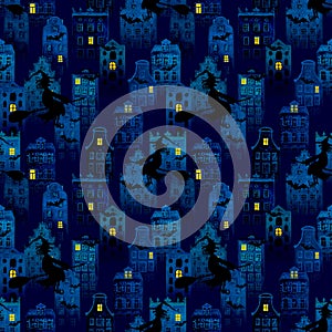 Halloween night city grunge seamless pattern with european old houses, silhouettes of witches flying and bats