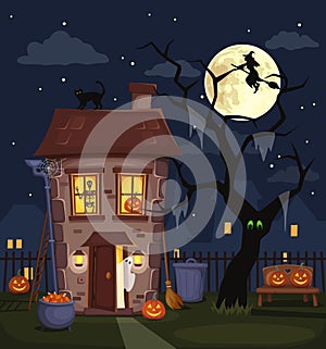 Halloween night city landscape with a haunted house. Vector illustration.