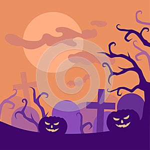 Halloween night creepy cemetery and pumpkins greeting card, Scary graveyard party poster. Spooky landscape silhouette