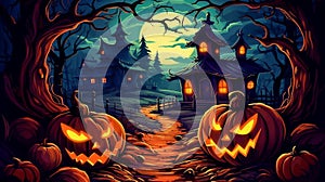 Halloween night creepy jack o\'lantern carved pumkins glowing in the forest in front of haunted houses with full moon, happy