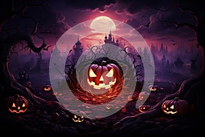 Halloween night creepy jack o\'lantern carved pumkins glowing in the forest, vampire castle and full moon on blood red sky.