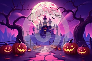 Halloween night creepy jack o\'lantern carved pumkins glowing in the forest, vampire castle and full moon on purple sky.