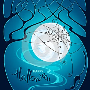 Halloween night. Dark trees, web and a cat on blue Moon background. Vector illustration for poster, greeting card, party