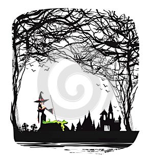 Halloween night frame with scary haunted castle and a witch preparing poison