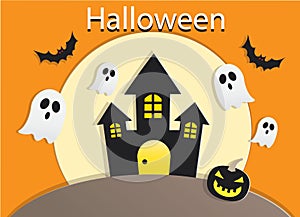 Halloween Night with Full Moon and Black House, Ghost Background Illustration