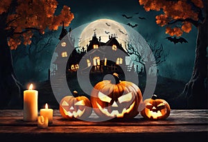 Halloween Night with Full Moon and Pumpkin Lantern Glowing Jack-o\'-Lantern in the Haunted Forest house