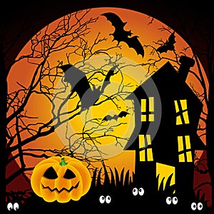 Halloween night haunted house with bats and pumpki