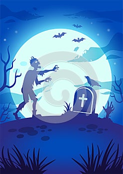 Halloween night illustration with big glowing moon, walking dead, tombstone and zombie hand