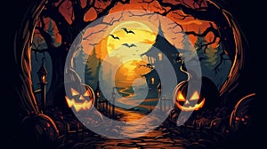 Halloween night jack o\'lantern carved pumkins glowing in the forest in front of haunted house with bloody moon.