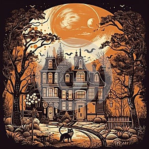 Halloween night landscape with haunted house and cat. Vector illustration