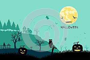 Halloween night landscape on silhouette background