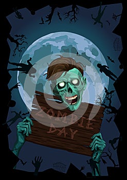Halloween night moon zombi zombie evil spirits monster freak beast skeleton hipster hold wooden board party invite bat graveyard. photo