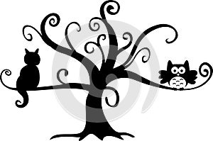 Halloween night owl and cat in tree
