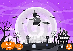 Halloween Night Party Landing Page Illustration With Witch, Haunted House, Pumpkins, Bats and Full Moon. For Background, Banner