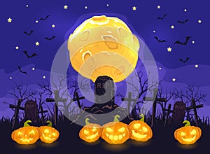 Halloween Night with Pumpkins on Cemetery and Moon on Blue Sky B