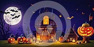 Halloween night pumpkins with dark castle background,Generative AI