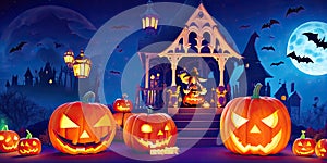 Halloween night pumpkins with dark castle background,Generative AI