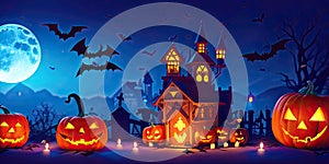 Halloween night pumpkins with dark castle background,Generative AI