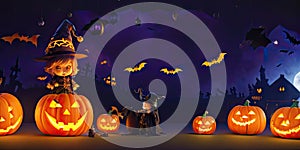 Halloween night pumpkins with dark castle background,Generative AI