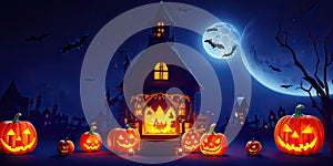 Halloween night pumpkins with dark castle background,Generative AI