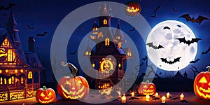 Halloween night pumpkins with dark castle background,Generative AI