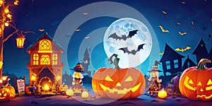 Halloween night pumpkins with dark castle background,Generative AI