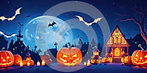 Halloween night pumpkins with dark castle background,Generative AI