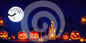 Halloween night pumpkins with dark castle background,Generative AI