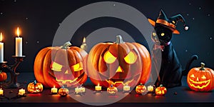 Halloween night pumpkins with dark castle background,Generative AI.