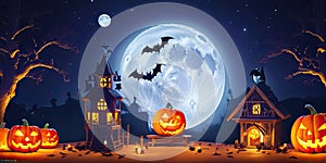 Halloween night pumpkins with dark castle background,Generative AI